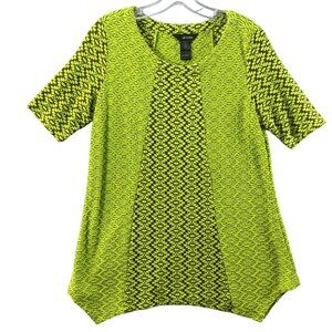 Ali Miles Small Asymmetrical Tunic Chartreuse Black Textured Stretch‎ Knit Artsy